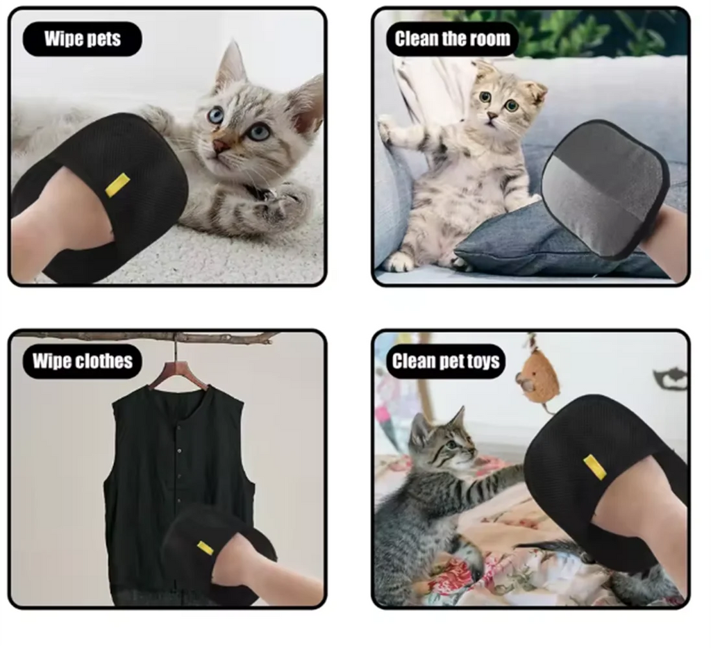 Four-panel image showing a black, textured pet hair removal mitt cleaning a cat, sofa, clothes, and a toy.