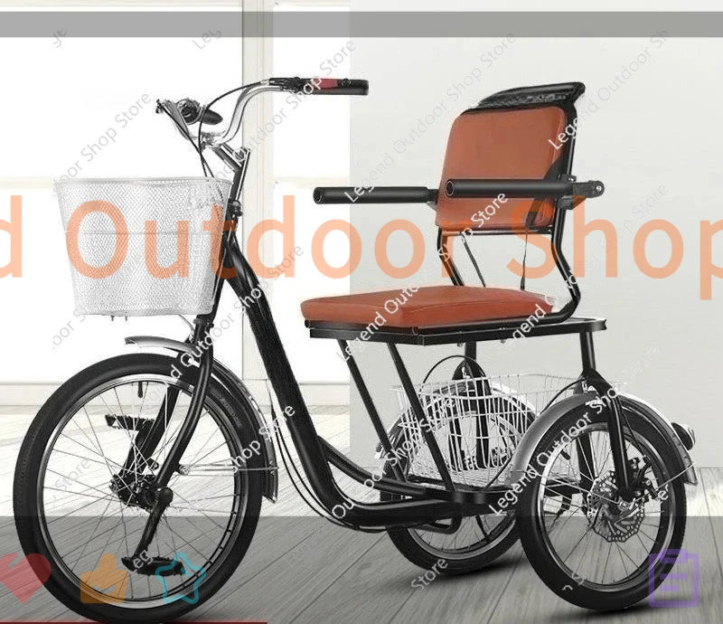 Black adult tricycle with brown padded seat, backrest, armrests, front basket, and rear storage basket.