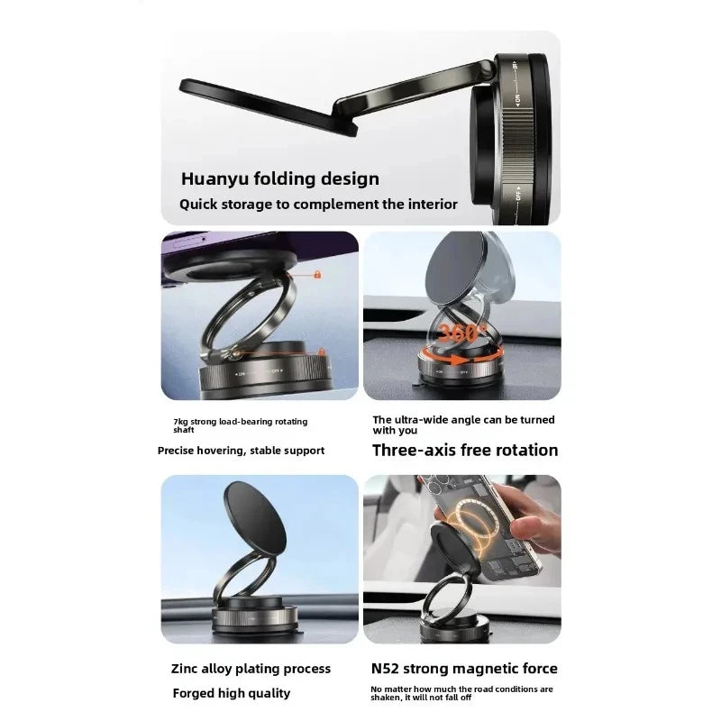 Black, foldable, magnetic car phone mount made of durable zinc alloy, featuring 360-degree rotation and stable support.