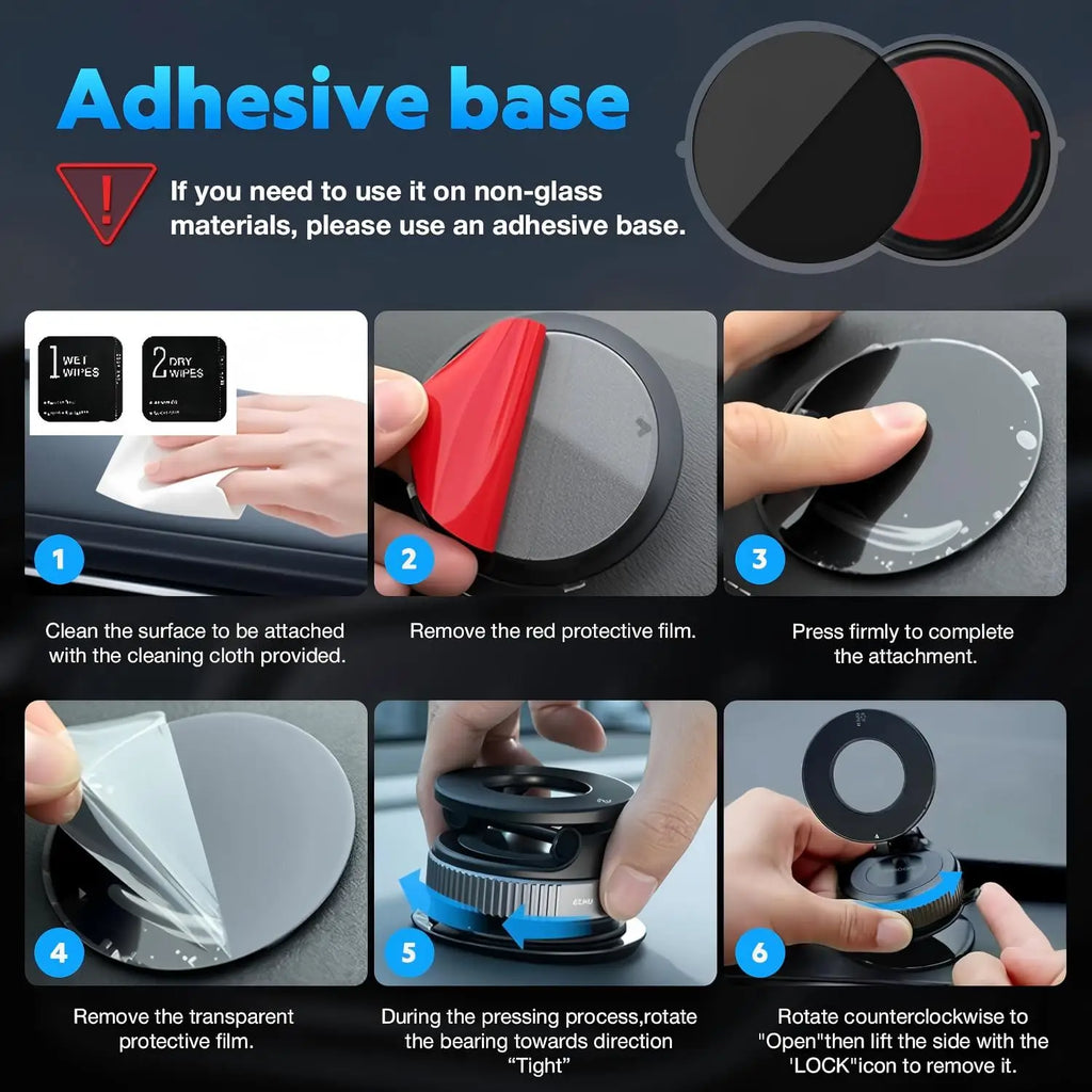 Instructional graphic for a round, black adhesive base disc used to mount car accessories, shown with 6 usage steps.