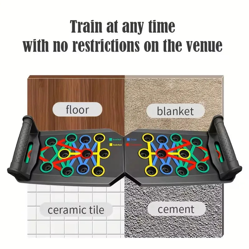 Black foldable push-up board with colourful handle slots, shown on four different floor types for versatile training.