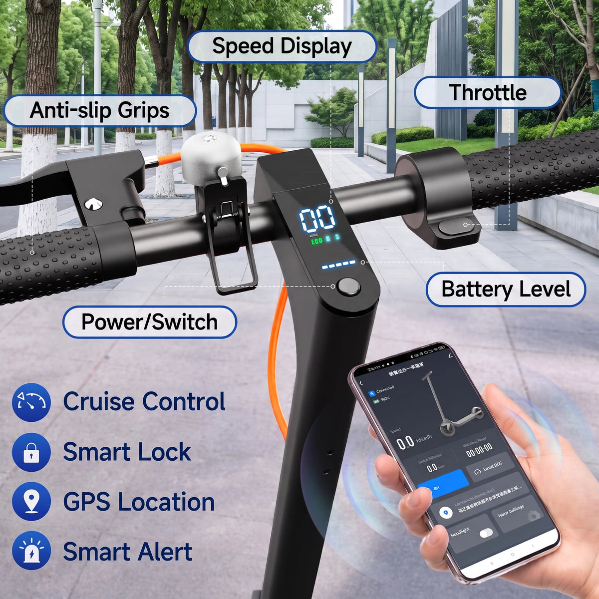 Black electric scooter handlebars with digital display, throttle, and smartphone app showing speed and battery level.