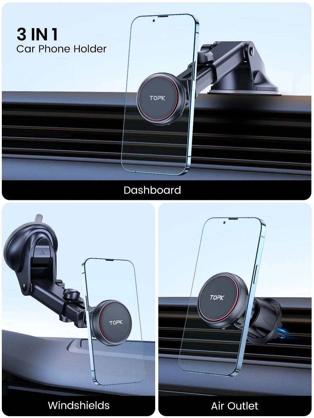 Black 3-in-1 magnetic car phone holder shown mounted on a dashboard, windshield, and air vent.