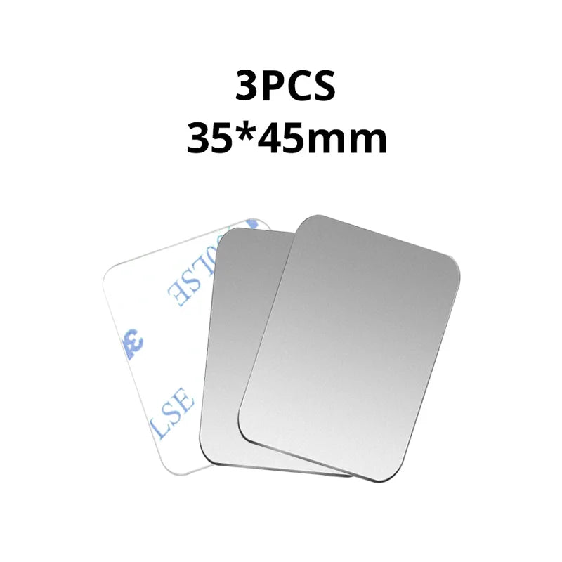 Three rectangular, silver adhesive metal plates for magnetic phone mounts, measuring 35x45mm.