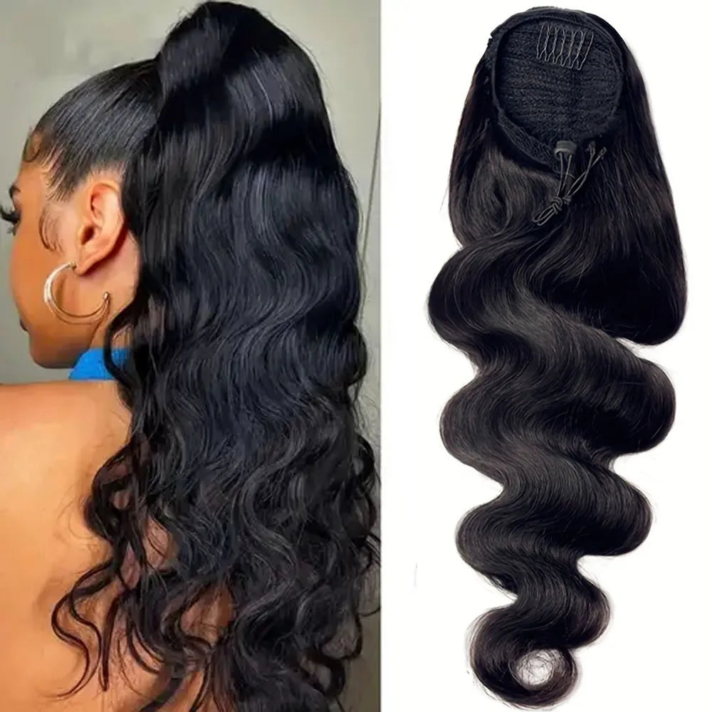 Natural black body wave human hair drawstring ponytail extension with built-in clips.