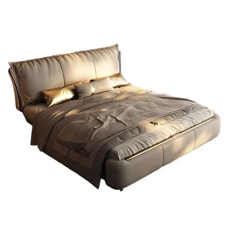 Modern double bed frame in beige with a high, cushioned headboard and sleek gold trim detailing.