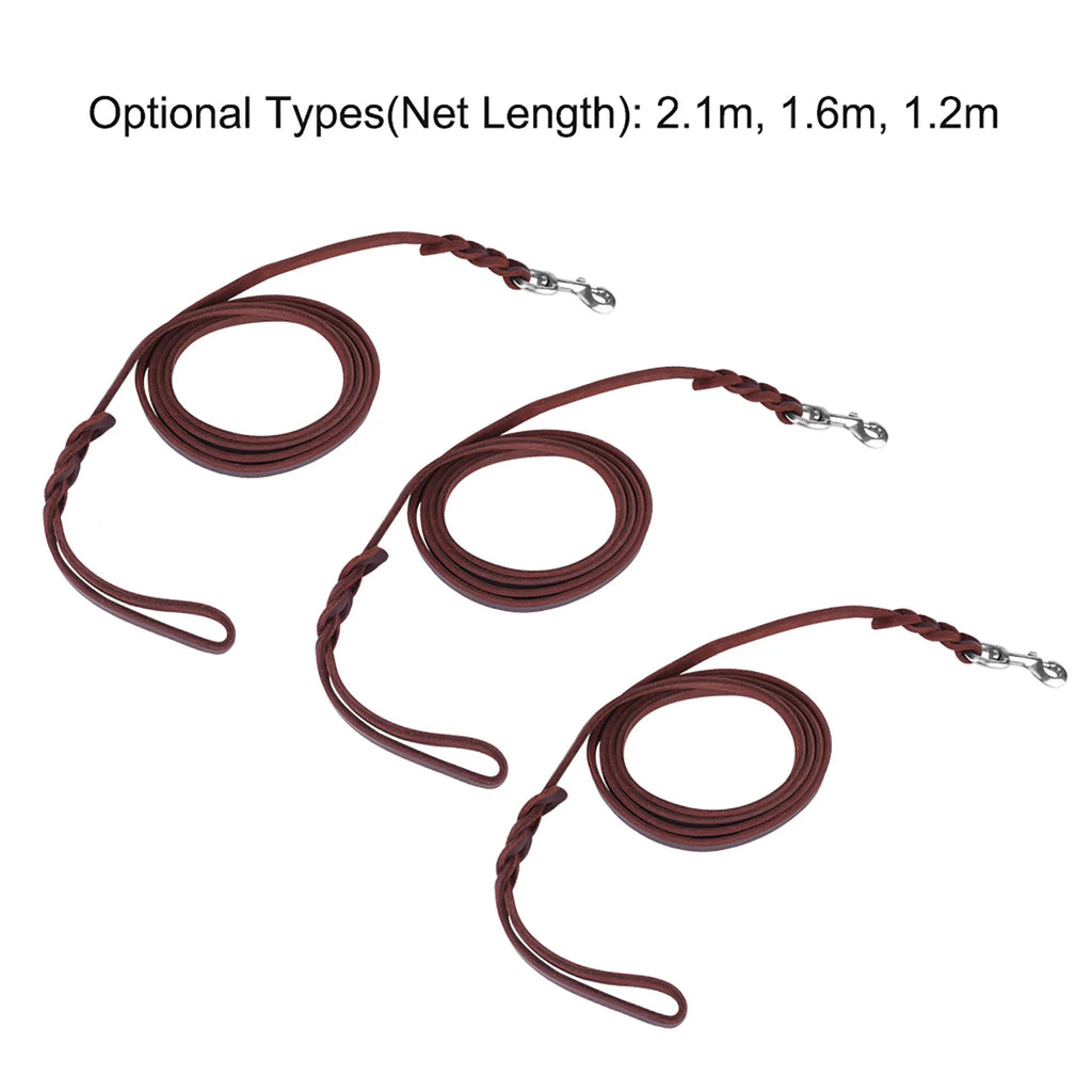 Three coiled brown leather dog leads with braided detailing and silver metal trigger hooks.