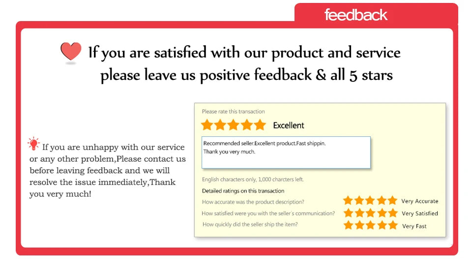 White card with red border, asking for five-star customer feedback and offering support for issues.