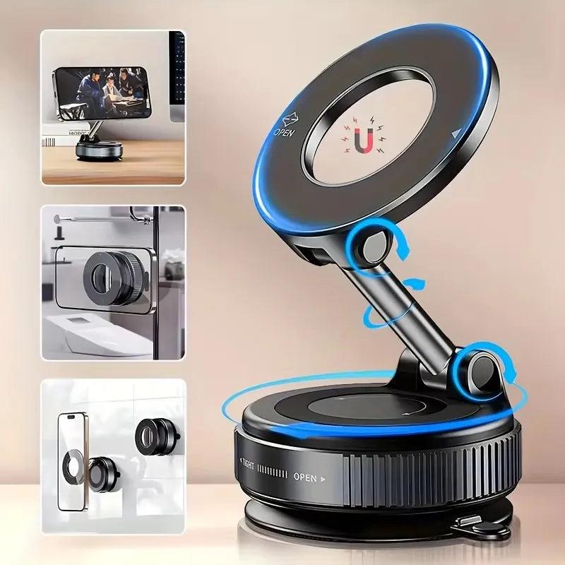 Black magnetic folding phone mount with a rotating arm, suction base, and blue LED light ring. Shows varied usage.