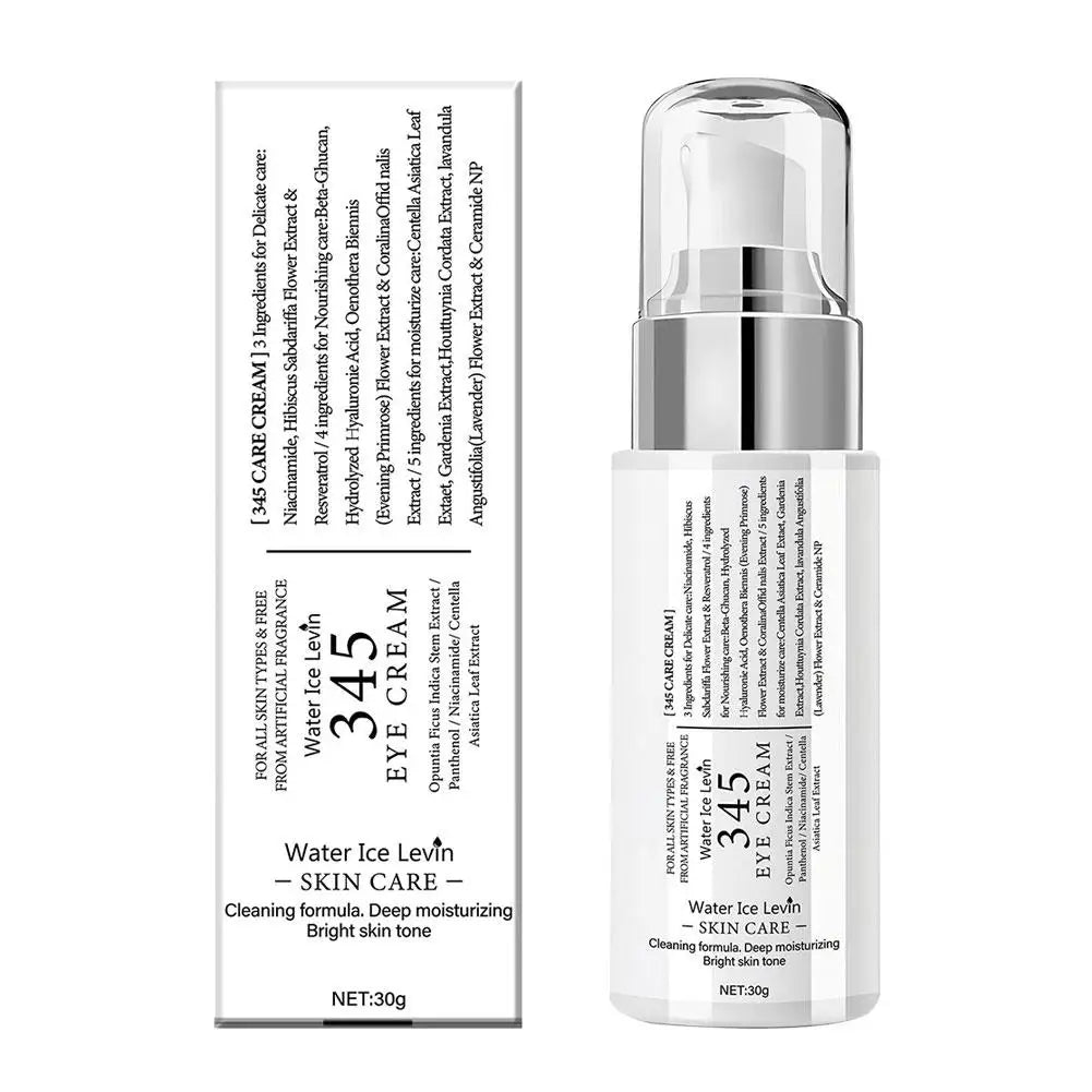 30g eye cream in a white pump bottle with matching packaging, featuring ingredient list and moisturizing benefits.
