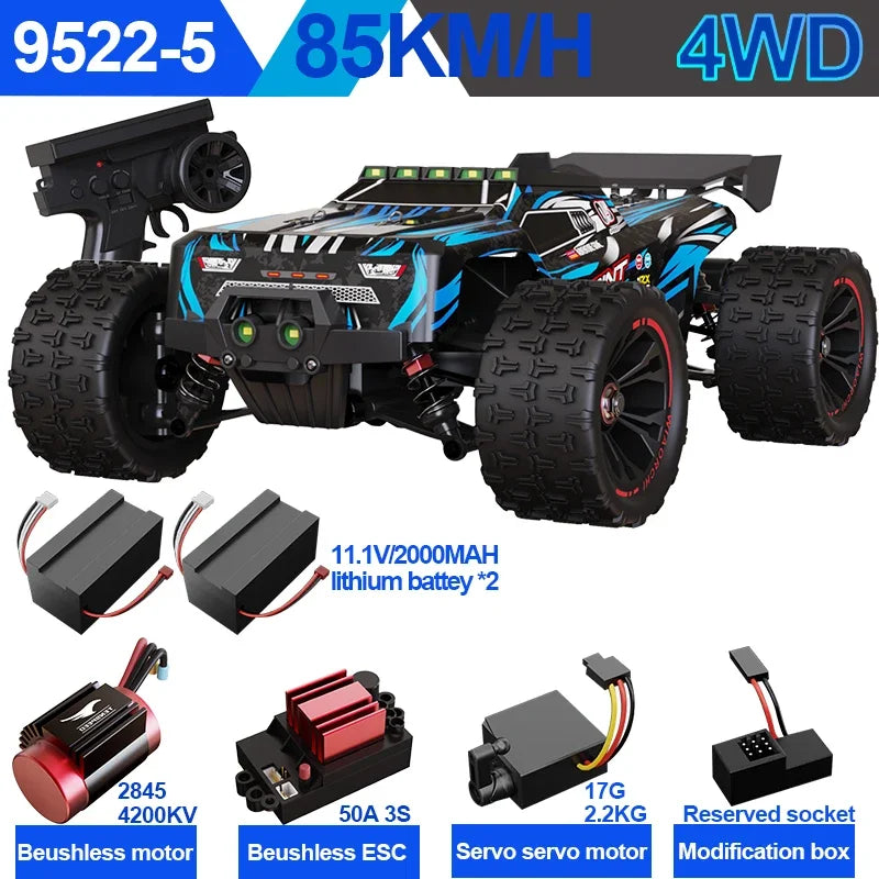 Black and blue 1:16 scale RC monster truck with oversized treaded tires, remote, batteries, and brushless motor.