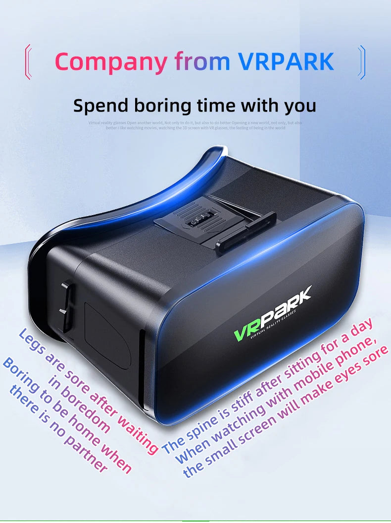 Black VR headset with blue LED light accents, sleek minimalist design for mobile devices, against a light blue background.