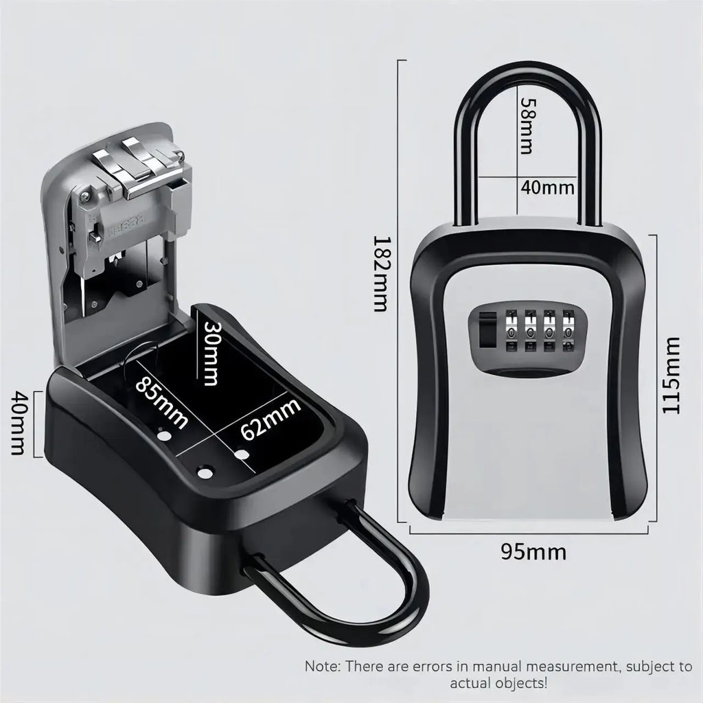 Black and silver metal key lock box with a combination dial and removable shackle, showing dimensions in millimeters.