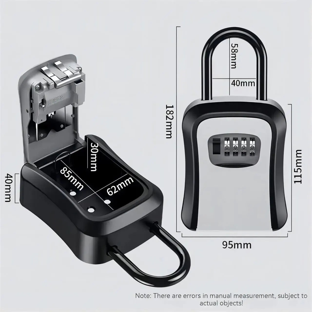 Black and silver metal key lock box with a combination dial and removable shackle, showing dimensions in millimeters.
