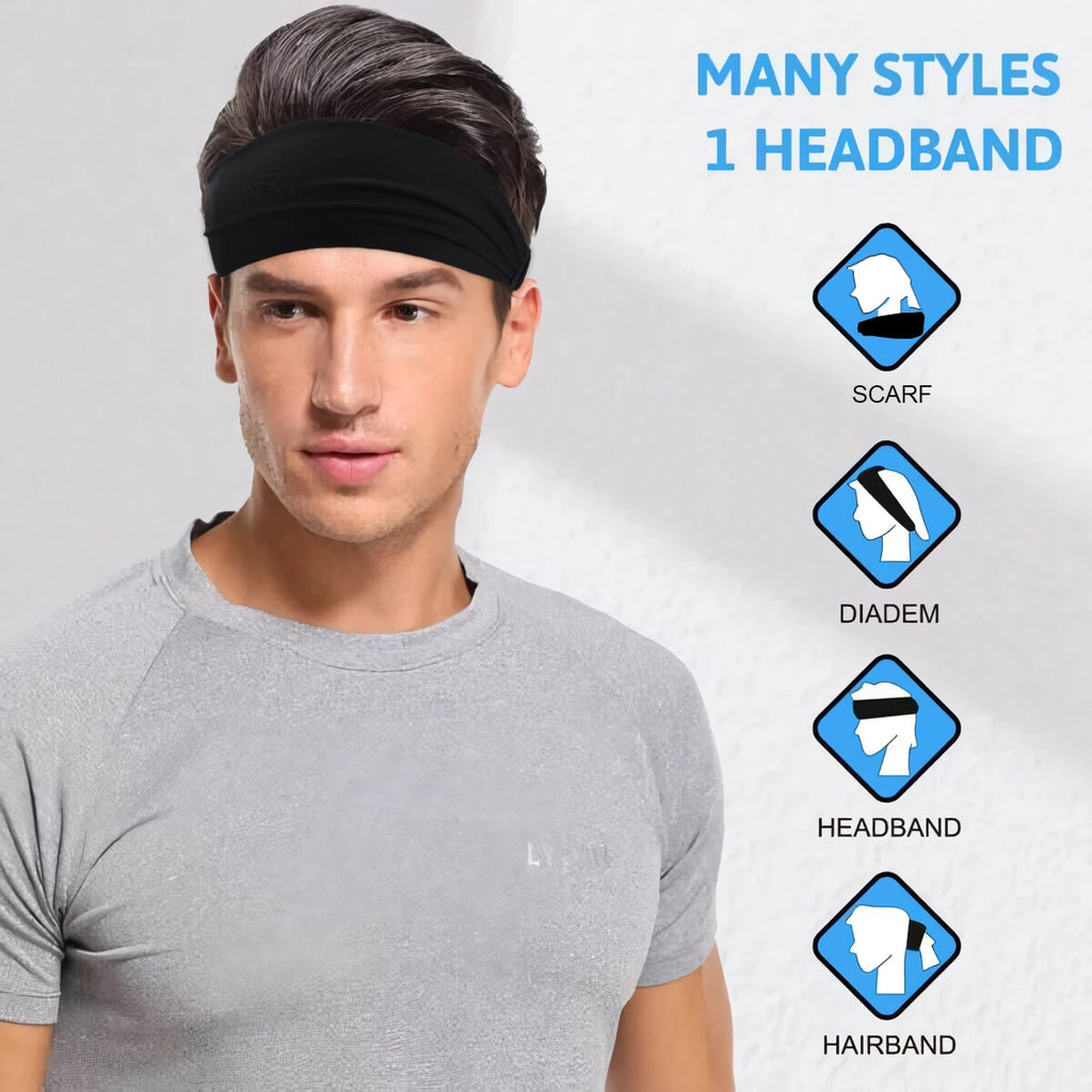 A man wearing a black multi-use sports headband, with diagrams showing different ways to wear it as a head accessory.