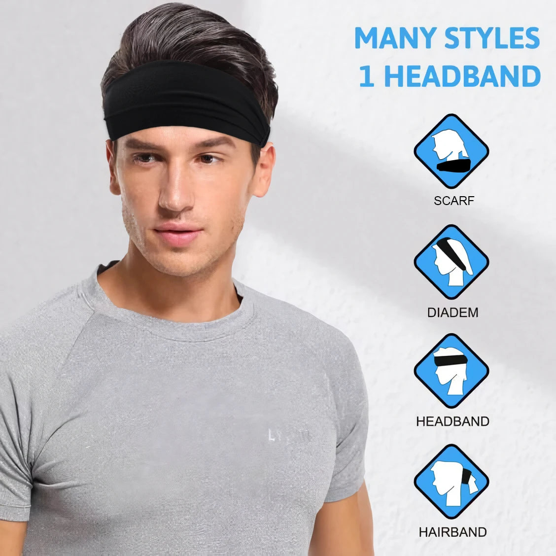 A man wearing a black multi-use sports headband, with diagrams showing different ways to wear it as a head accessory.