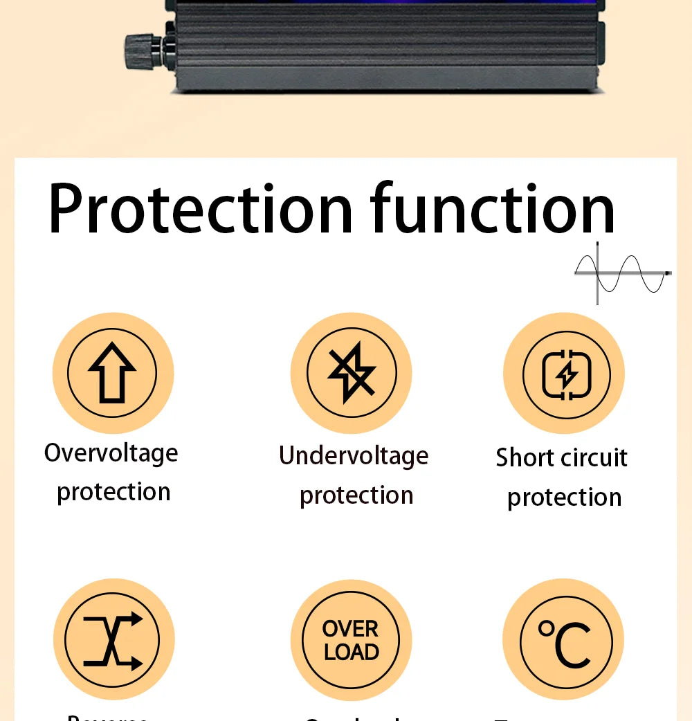 Black 1000W/2000W power inverter with six safety protection icons: overvoltage, undervoltage, short circuit, and more.