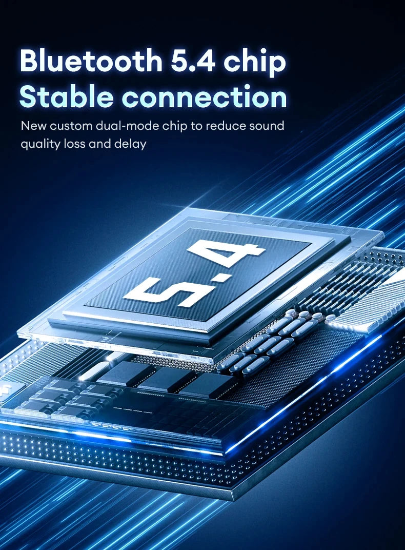 A digital Bluetooth 5.4 chip in a sleek, dark blue design with glowing light trails and technical circuit board details.