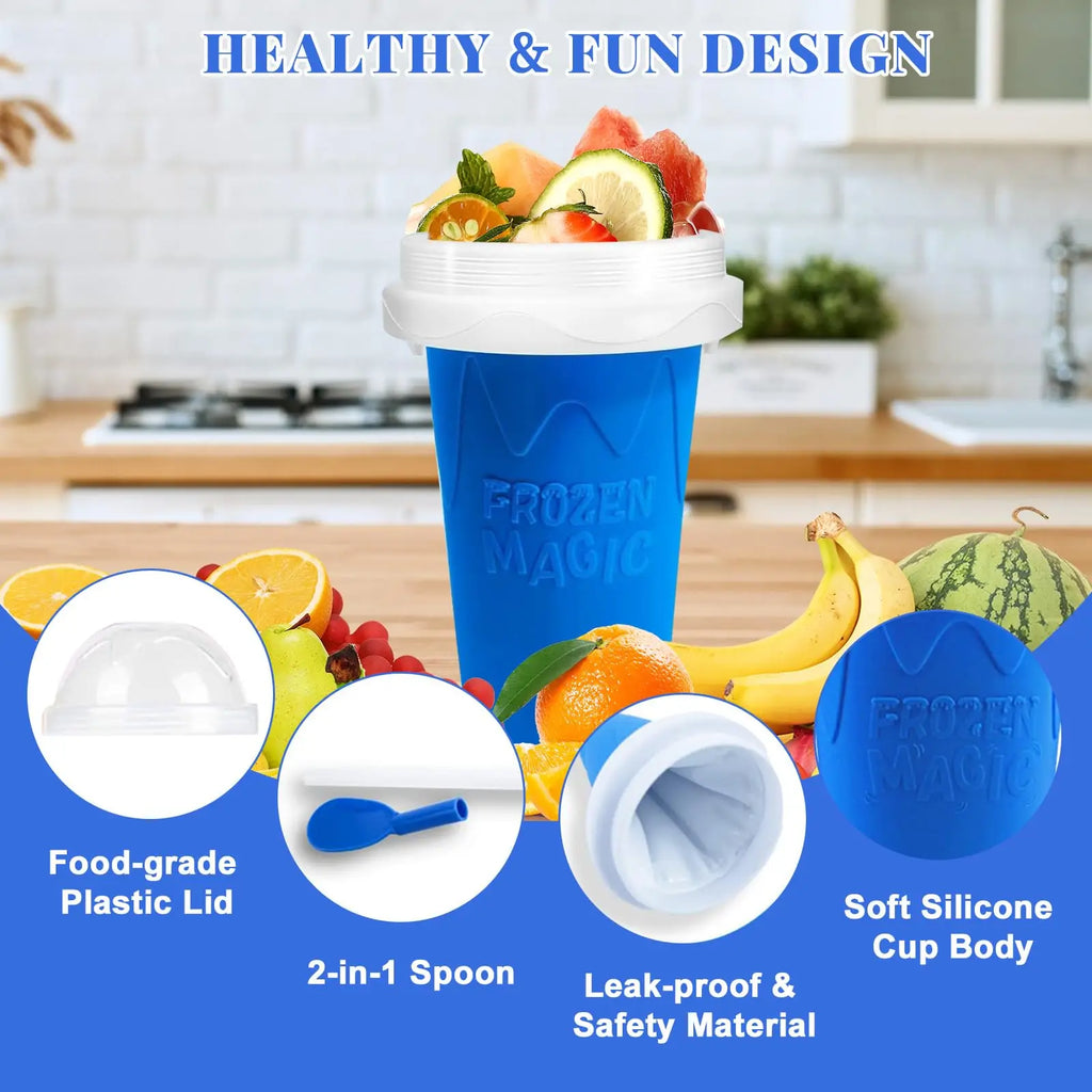 Blue silicone slushy maker cup with a white lid, 2-in-1 spoon-straw, and features shown on a kitchen background.