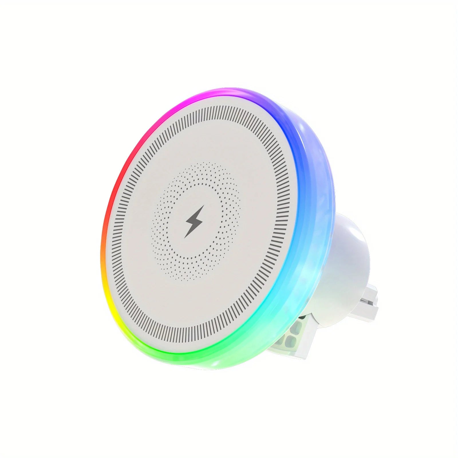 Round white wireless charging pad with a colorful RGB LED light ring rim and a central lightning bolt icon.