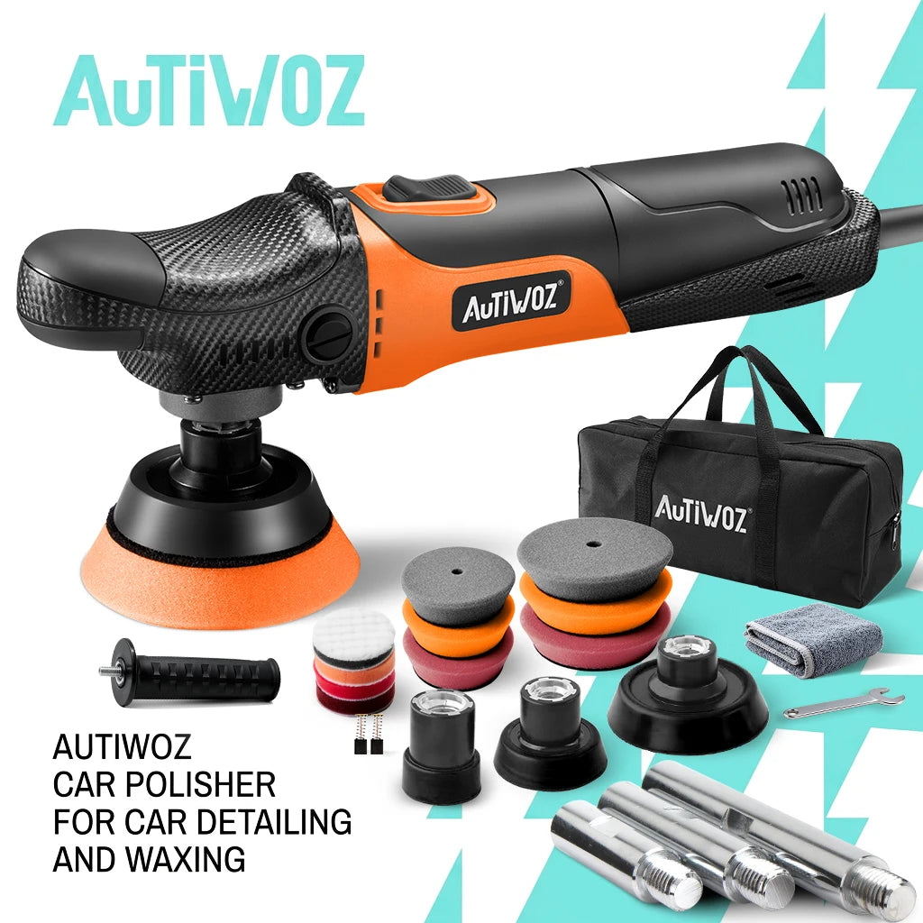 AUTIWOZ carbon fiber style orange and black mini rotary car polisher with pads, attachments, and storage bag.