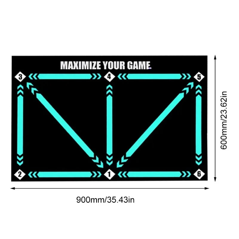 Black fitness agility mat with cyan arrow patterns, numbered 1-6, measuring 900x600mm. Perfect for training drills.
