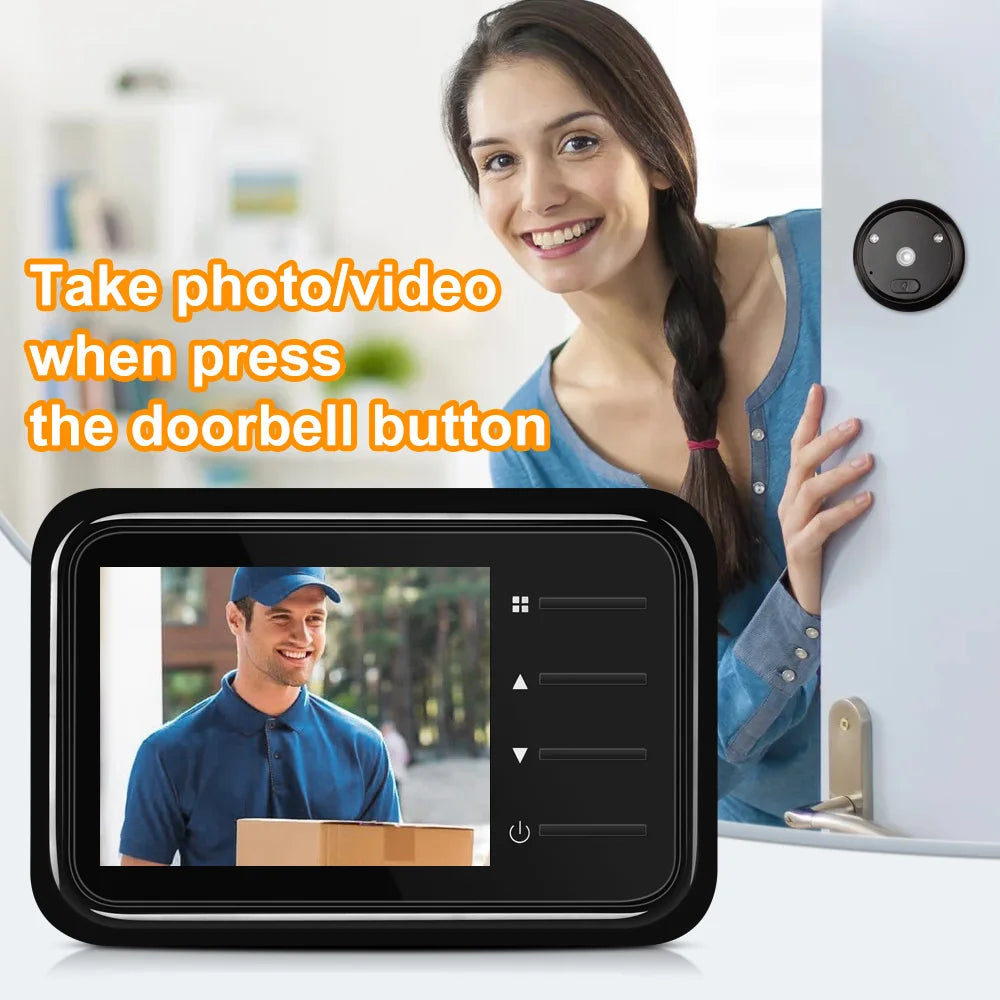 Black 2.4-inch digital door peephole camera with night vision, showing a live video feed of a visitor on screen.
