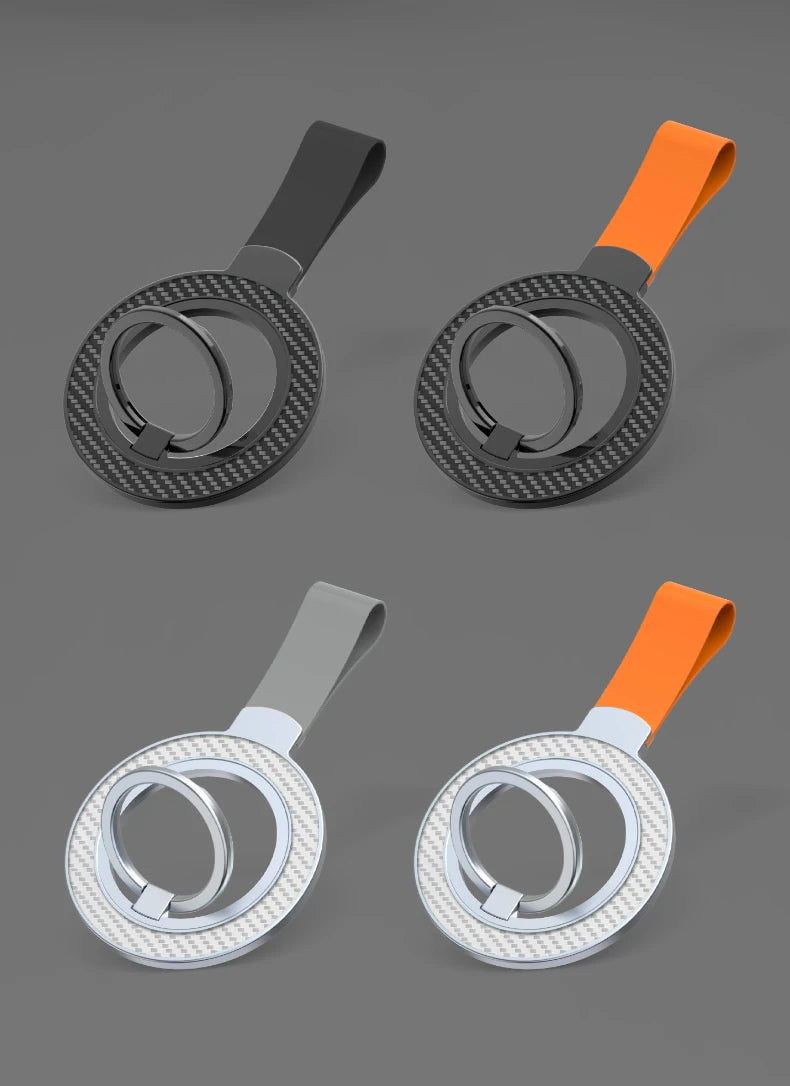 Four circular phone ring holders with carbon fiber patterns and colorful silicone straps in black, grey, and orange.