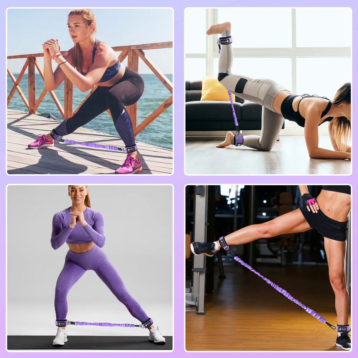 Purple ankle resistance bands with padded cuffs attached to both ankles for leg exercises.