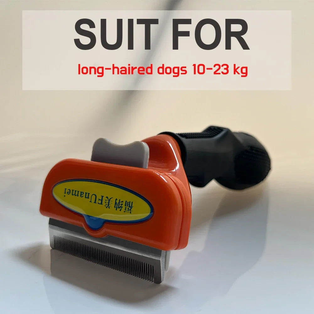Orange and black dog grooming deshedding tool with a metal comb, suitable for long-haired dogs 10-23kg.