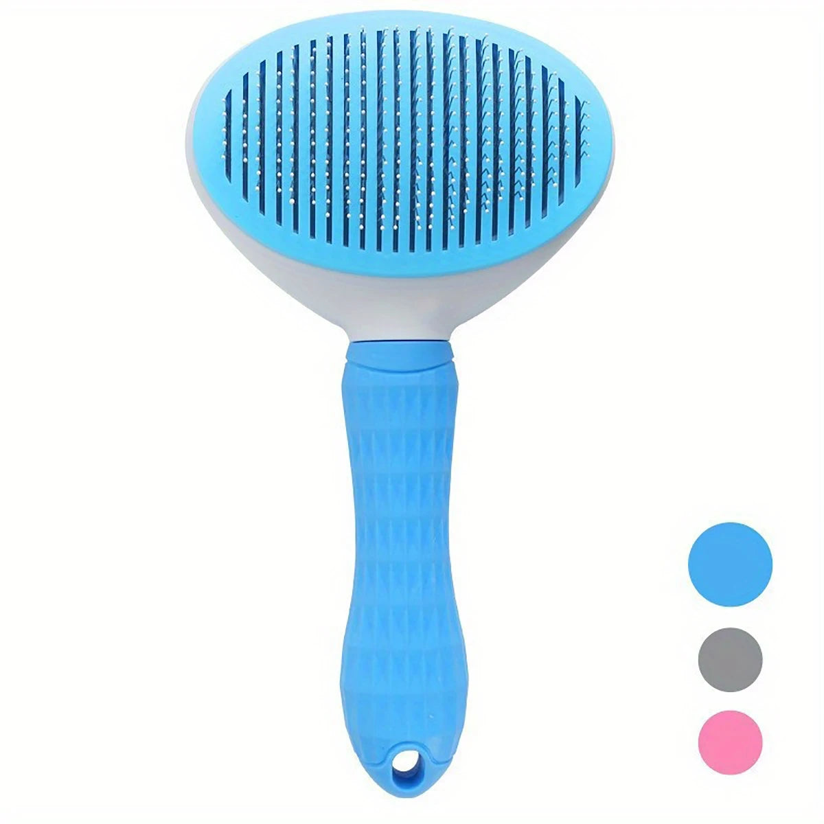 Bright blue pet slicker brush with a textured handle and a hanging hole, featuring metal bristles on an oval head.