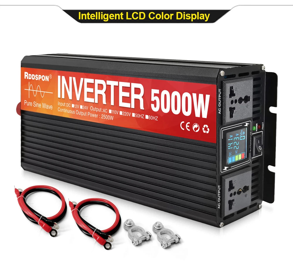 Black 5000W pure sine wave power inverter with a red label, LCD screen, dual sockets, and two battery cable sets.