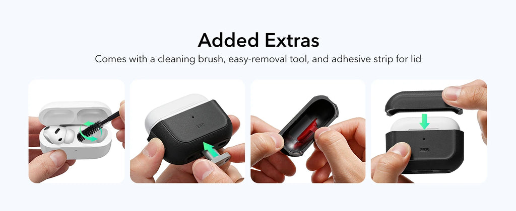 Black matte silicone case for AirPods Pro, including cleaning brush, removal tool, and adhesive strips.