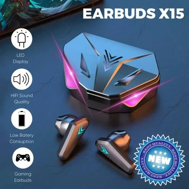 Gaming wireless earbuds with a sleek, dark grey charging case featuring glowing pink and blue LED accents.