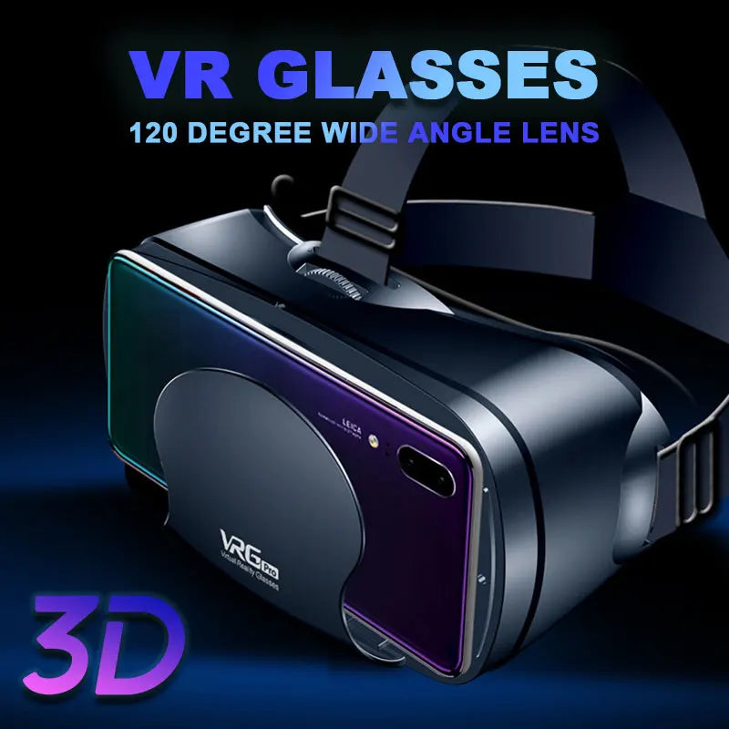 Black 3D virtual reality glasses with an adjustable strap and wide-angle lens, featuring a modern, sleek design.