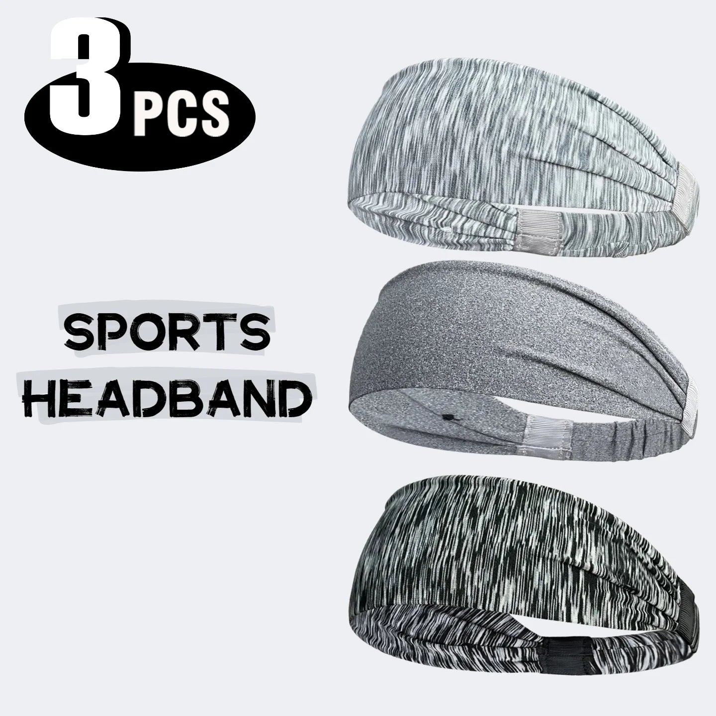 A set of three stretchy sports headbands in grey, charcoal marl, and black-and-white marl patterns.