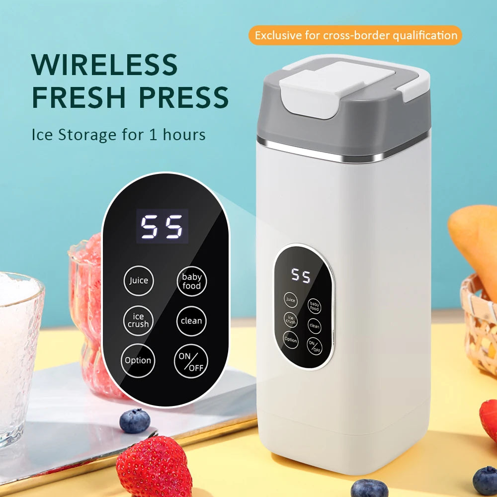 White wireless portable blender with grey lid and digital touchscreen interface showing functions like juice and ice crush.