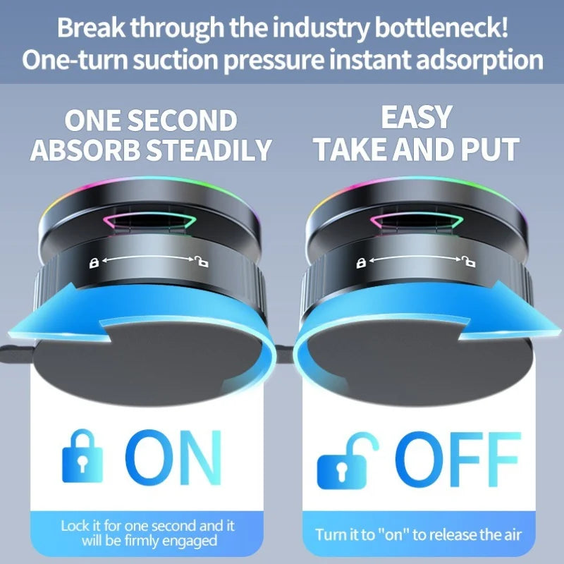 Black circular suction cup mount with a locking mechanism, featuring a sleek, modern design and colorful trim accents.