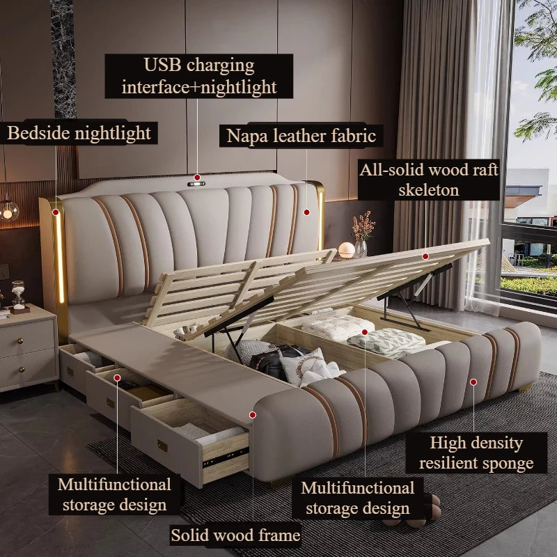 Luxury cream leather-look bed with integrated headboard lighting, storage drawers, and an ottoman lift-up base.
