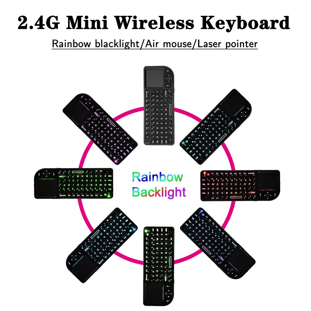 Black plastic 2.4G mini wireless keyboard with rainbow backlit keys, integrated touchpad, air mouse, and laser pointer.