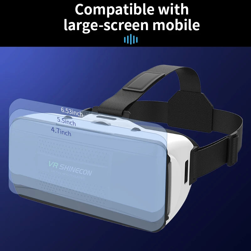 White and black VR headset with adjustable head straps and overlapping phone size overlays on the front.