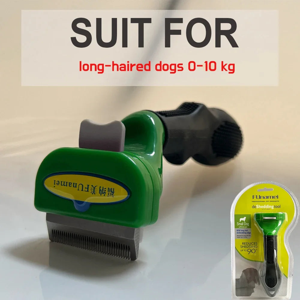 Green and black pet deshedding tool for small, long-haired dogs, shown with its retail blister packaging.