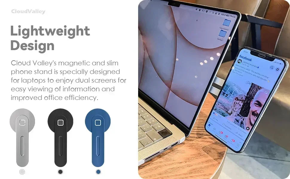 Magnetic, slim phone holder for laptops, available in silver, black, and blue for dual-screen viewing.
