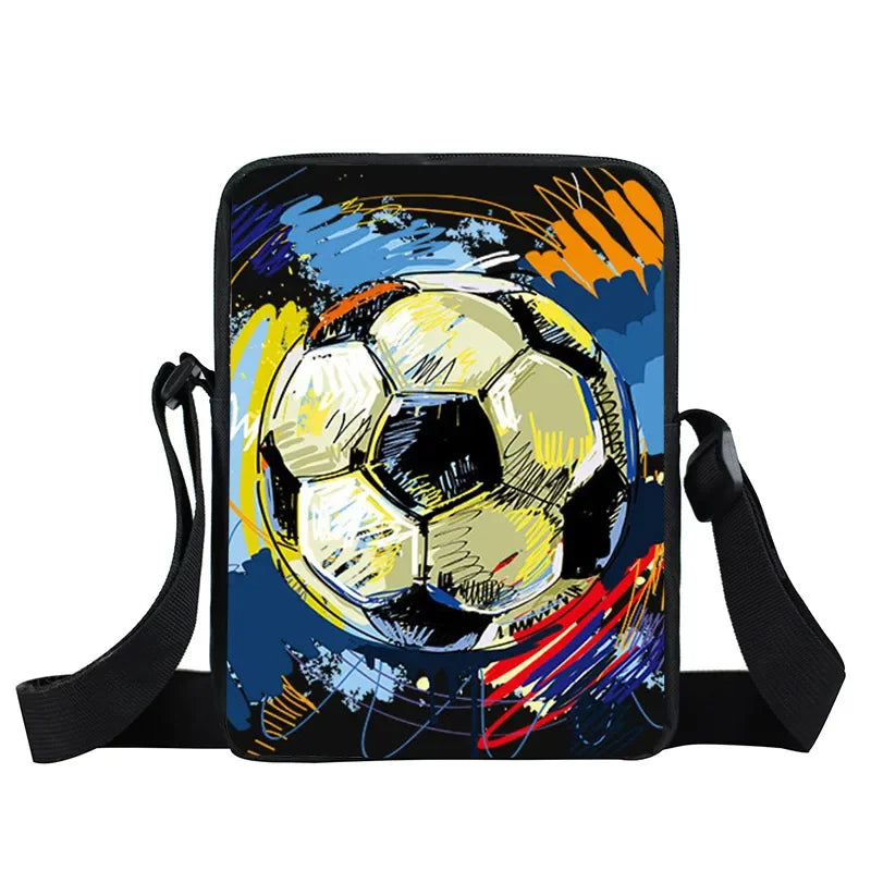 Small crossbody bag with an artistic, colourful football design on a black background and an adjustable strap.