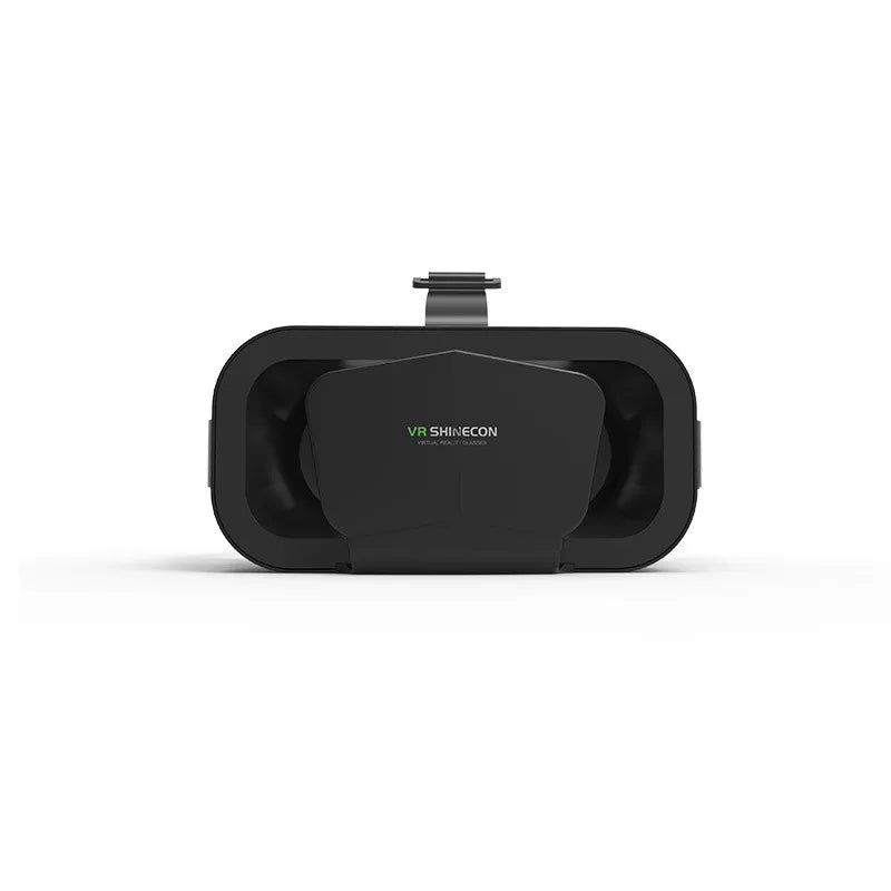 A sleek, black smartphone VR headset with a secure front-loading compartment for 3D gaming and immersive viewing.