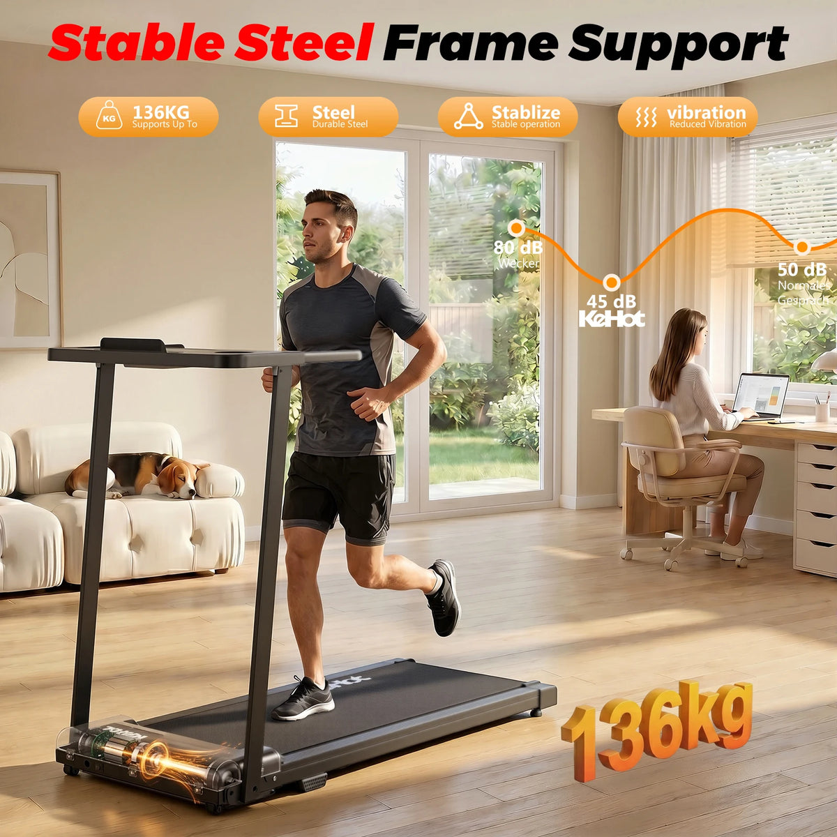 Black folding treadmill with a steel frame, running belt, and upright handle bar, in a living room.