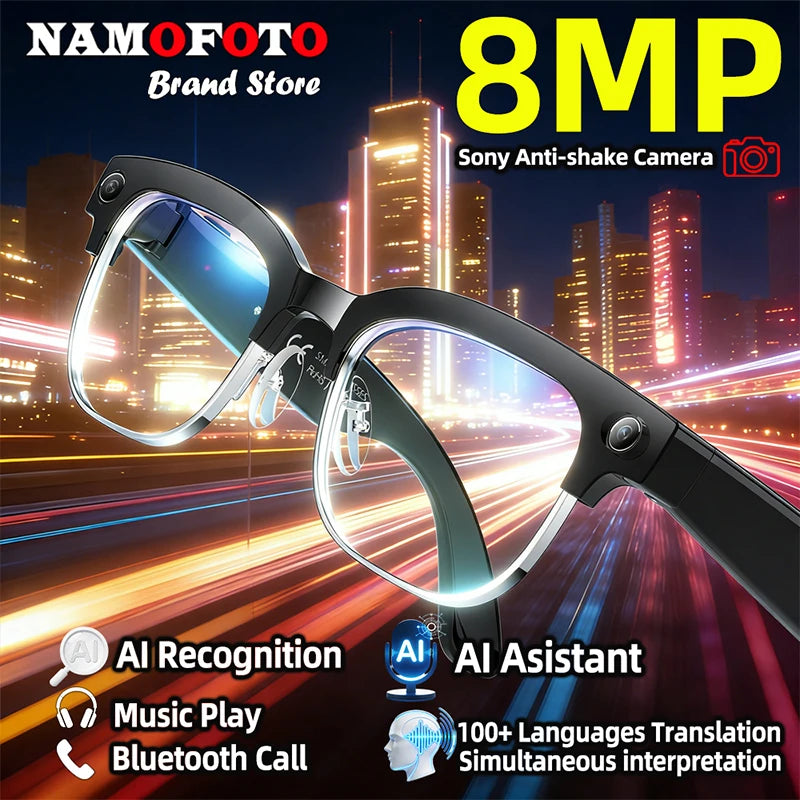Black smart glasses with built-in camera, featuring AI translation, recognition, music, and Bluetooth calling.