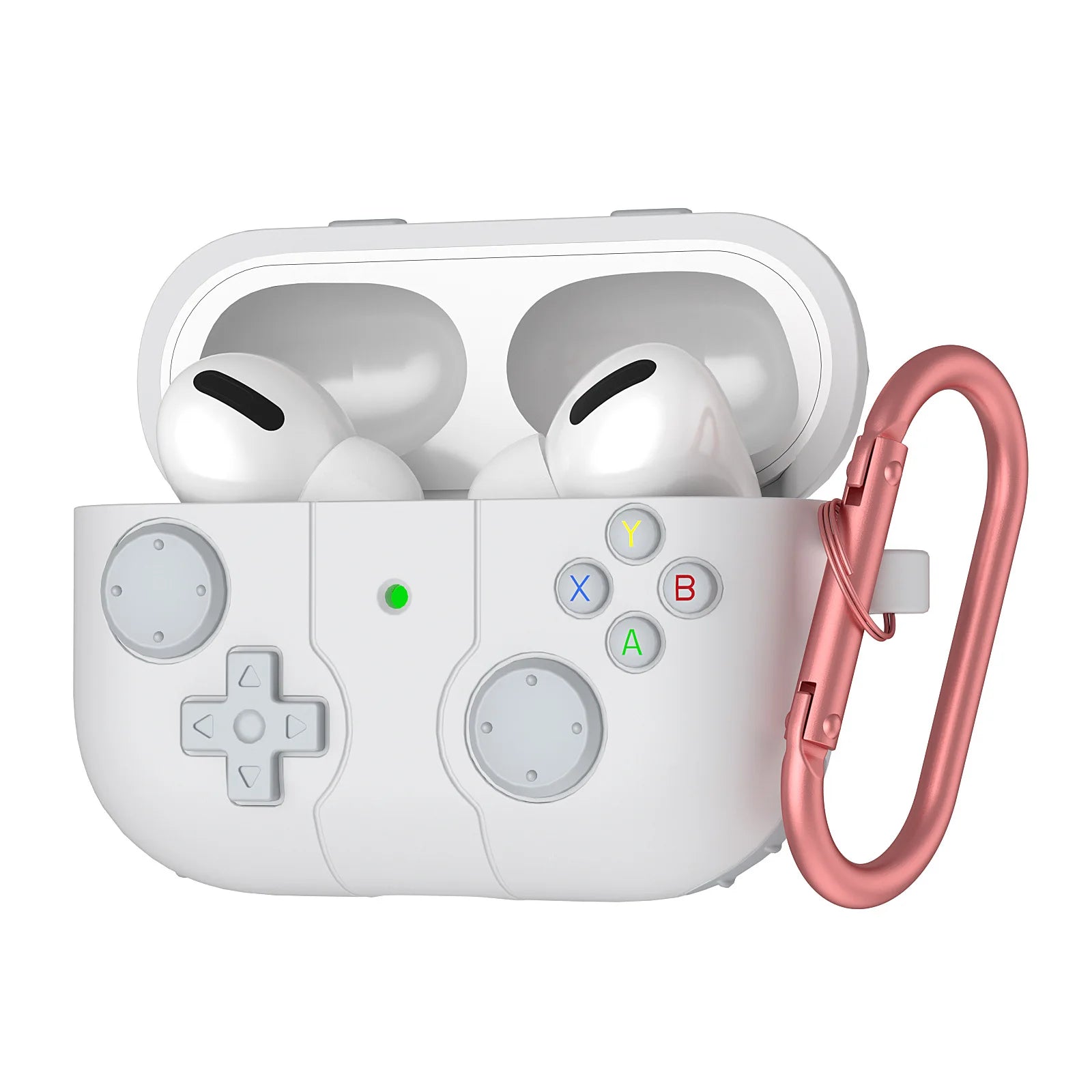 White silicone game controller-style AirPods Pro case with a rose gold carabiner.