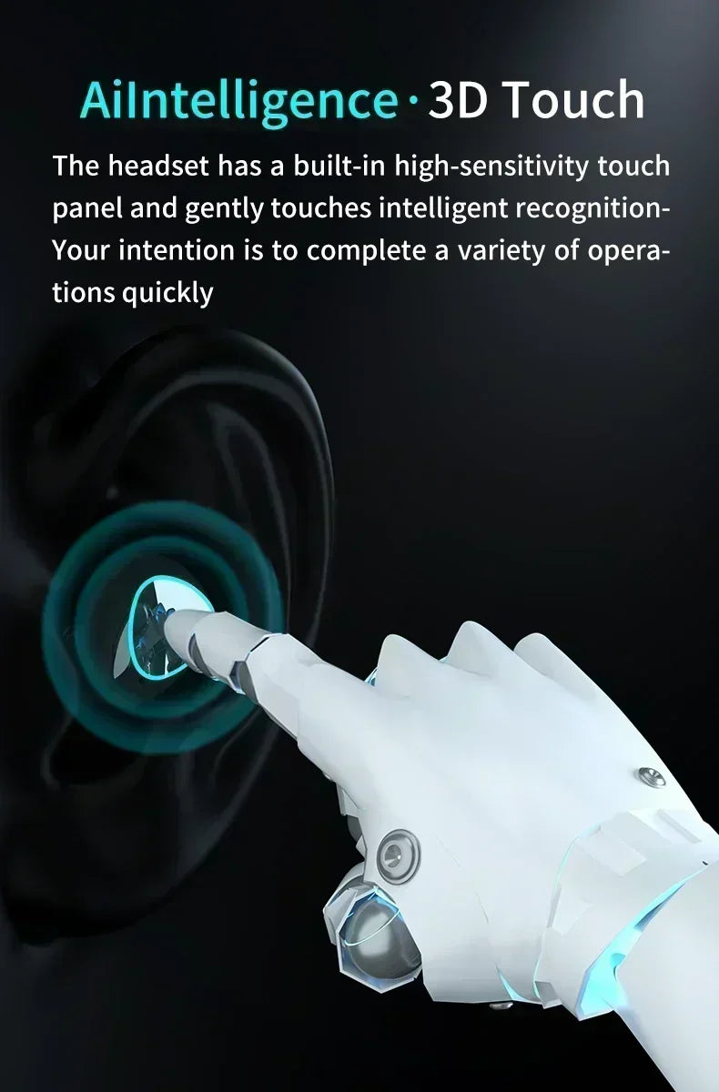 A robotic white hand touches a black wireless earbud, highlighting its 3D touch sensor with a glowing blue ring effect.