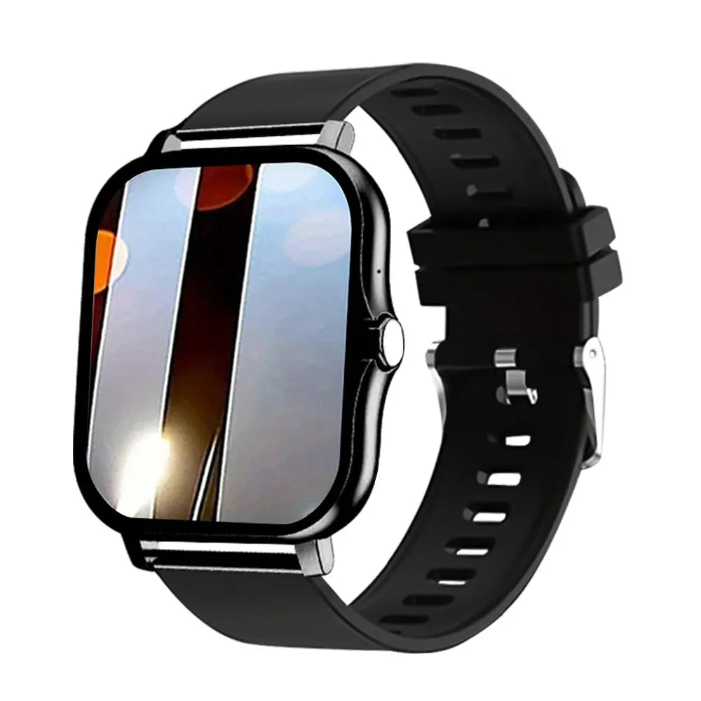 Black smartwatch with a sleek 1.44-inch square touchscreen and comfortable silicone strap.